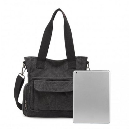 Kono Large Capacity Multi Compartment Canvas Crossbody Tote Bag - Black