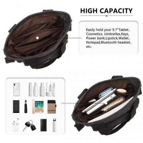 Kono Large Capacity Multi Compartment Canvas Crossbody Tote Bag - Black