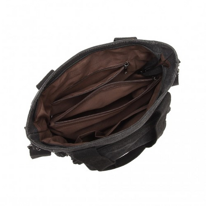 Kono Large Capacity Multi Compartment Canvas Crossbody Tote Bag - Black