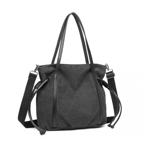 Kono Large Capacity Canvas And Leather Fusion Shoulder Tote Bag - Black