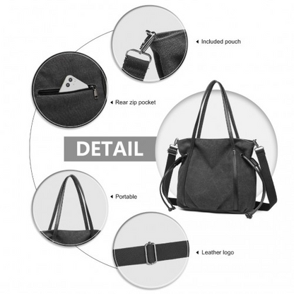 Kono Large Capacity Canvas And Leather Fusion Shoulder Tote Bag - Black