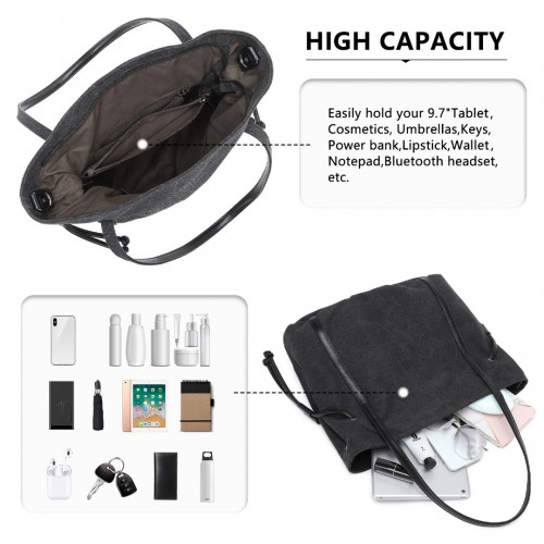 Kono Large Capacity Canvas And Leather Fusion Shoulder Tote Bag - Black