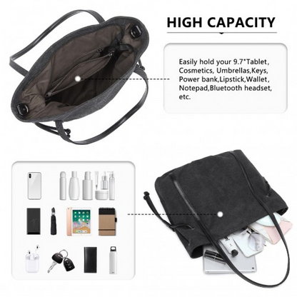 Kono Large Capacity Canvas And Leather Fusion Shoulder Tote Bag - Black