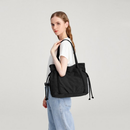 Kono Large Capacity Canvas And Leather Fusion Shoulder Tote Bag - Black