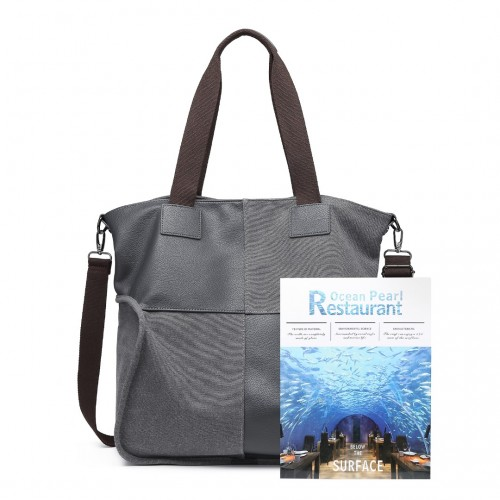 Kono Paneled Contrast Large Capacity Canvas Shoulder Bag - Grey | EH2221