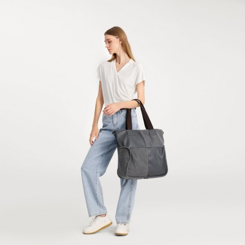 Kono Paneled Contrast Large Capacity Canvas Shoulder Bag - Grey | EH2221