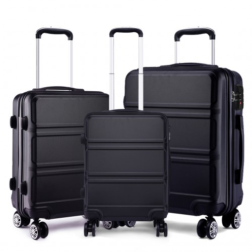 K1871-1L - Kono ABS Sculpted Horizontal Design 3 Piece Suitcase Set - Black