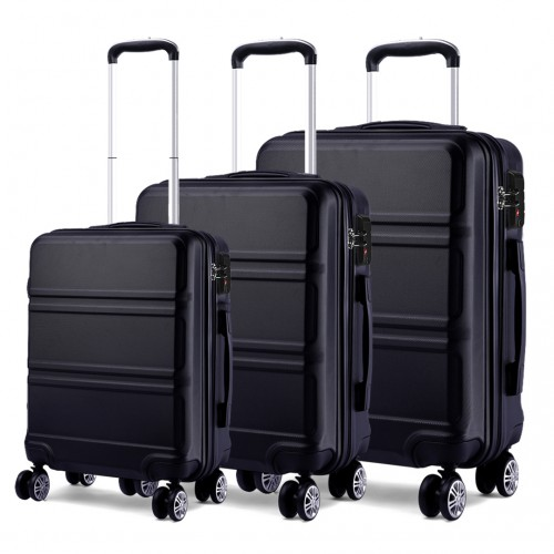 K1871-1L - Kono ABS Sculpted Horizontal Design 3 Piece Suitcase Set - Black