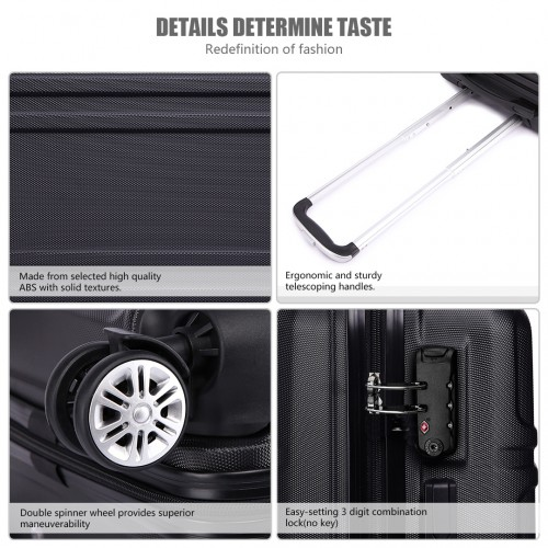 K1871-1L - Kono ABS Sculpted Horizontal Design 3 Piece Suitcase Set - Black