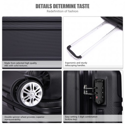 K1871-1L - Kono ABS Sculpted Horizontal Design 3 Piece Suitcase Set - Black
