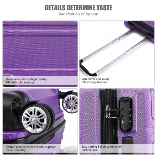 Kono ABS 24 Inch Sculpted Horizontal Design Suitcase - Durable & Stylish Purple Luggage with TSA Lock & 360° Swivel Wheels