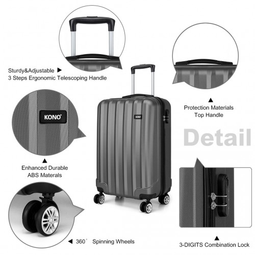 Kono 19 Inch Vertical Stripe Hard Shell Suitcase - Grey | Lightweight ABS, 360° Spinner Wheels, Secure Combination Lock