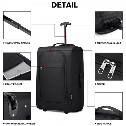 Kono Cabin Size Soft Shell Hand Luggage - Black | Durable 600D Polyester
