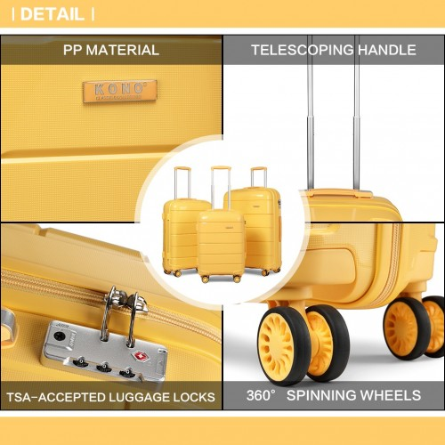 K1997L - KONO 20-24-28” HARD SHELL PP SUITCASE SET - YELLOW