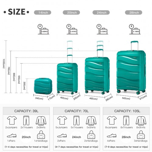 K2094L - Kono Lightweight Polypropylene Hard Shell 4 Piece Suitcase Set With TSA Lock And Vanity Case - Teal