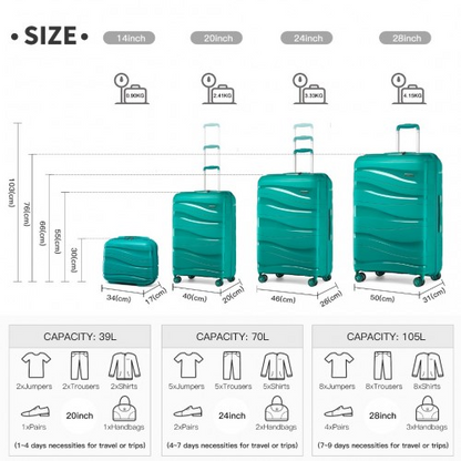 K2094L - Kono Lightweight Polypropylene Hard Shell 4 Piece Suitcase Set With TSA Lock And Vanity Case - Teal