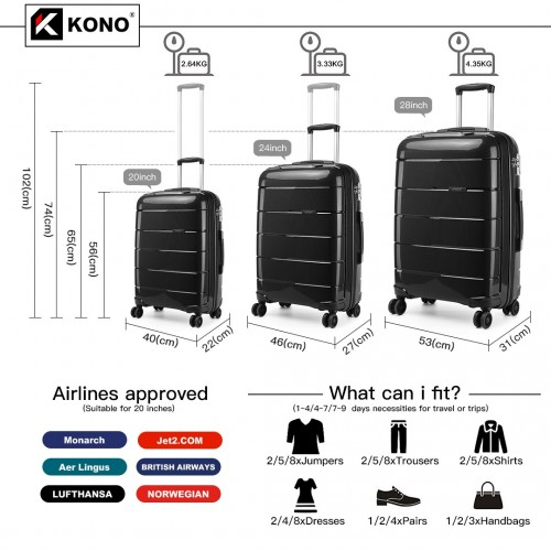 K1997L - KONO 20-24-28” HARD SHELL PP SUITCASE SET - BLACK