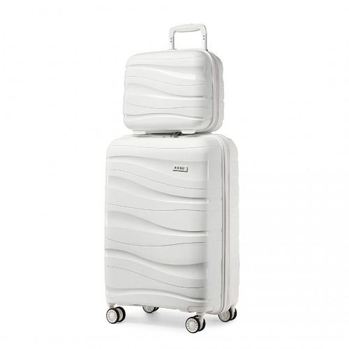 K2094L - Kono 14/20 Inch Lightweight Polypropylene Hard Shell 2 Piece Suitcase Set With TSA Lock And Vanity Case - Cream White