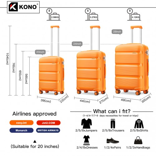 K2092L - Kono Bright Hard Shell PP Suitcase 3 Pieces Set - Classic Collection - Orange