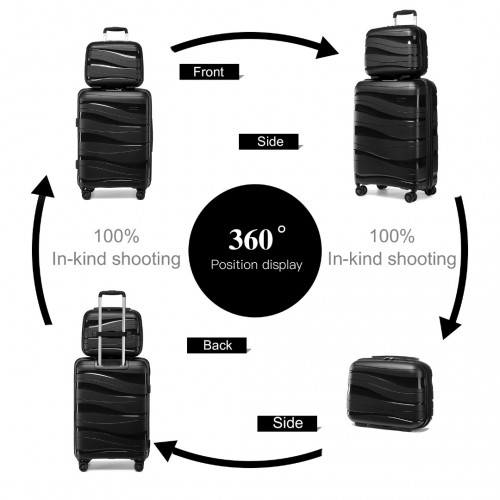 K2094L - Kono 14/20 Inch Lightweight Polypropylene Hard Shell 2 Piece Suitcase Set With TSA Lock And Vanity Case - Black