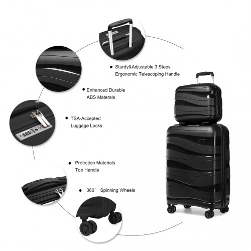 K2094L - Kono 14/20 Inch Lightweight Polypropylene Hard Shell 2 Piece Suitcase Set With TSA Lock And Vanity Case - Black