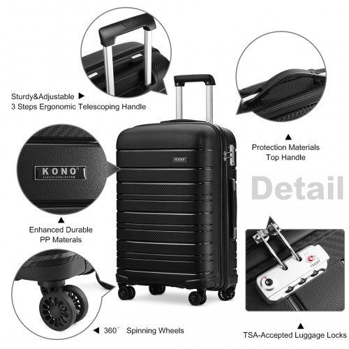 Kono 24 Inch Multi Texture Hard Shell PP Suitcase - Classic Collection - Black