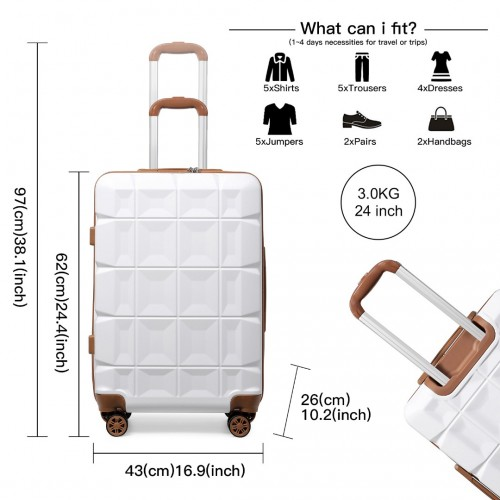 Kono 24 Inch Lightweight Hard Shell ABS Suitcase with TSA Lock - White | Stylish, Durable Travel Luggage
