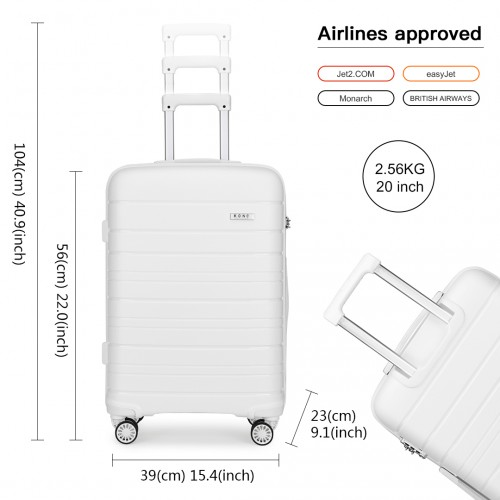 Kono 20 Inch Multi Texture Hard Shell PP Suitcase - Classic Collection - White | Durable & Lightweight Luggage