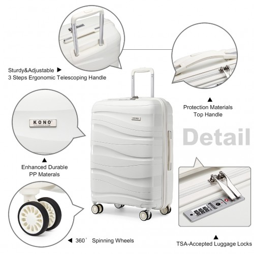 Kono 24 Inch Lightweight Polypropylene Hard Shell Suitcase with TSA Lock - Cream White - Ideal for Travel