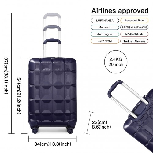 Kono 20 Inch Lightweight Hard Shell ABS Luggage Cabin Suitcase With TSA Lock - Navy