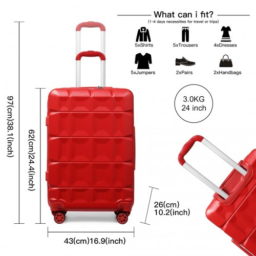Kono 24 Inch Lightweight Hard Shell ABS Suitcase with TSA Lock - Red | Durable & Stylish Luggage