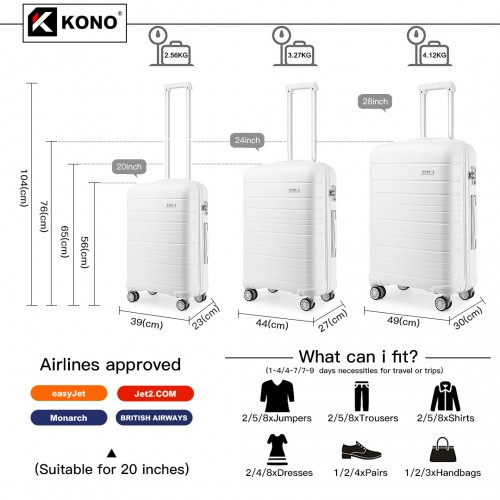 K2091L - Kono Multi Texture Hard Shell PP Suitcase 3 Pieces Set - Classic Collection - White