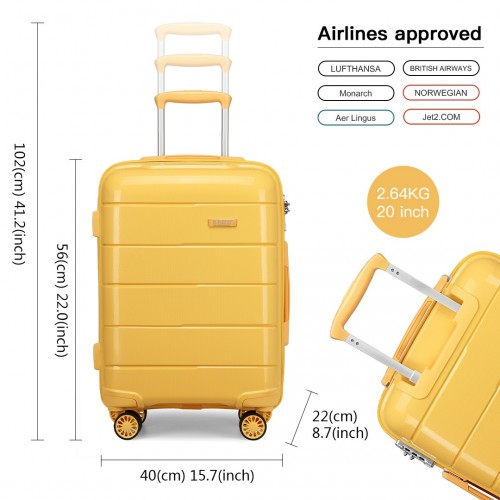 KONO 20 Inch Cabin Size Hard Shell Suitcase - Yellow | Lightweight, Durable, and Secure Travel Companion