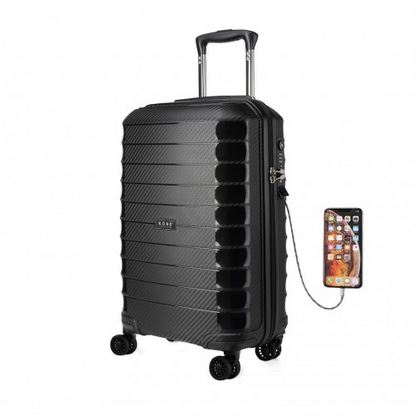 Kono Cabin Size Classic Collection Polypropylene Luggage with Charging Interface - Black