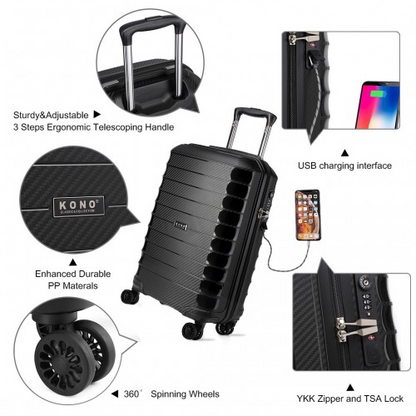 Kono Cabin Size Classic Collection Polypropylene Luggage with Charging Interface - Black