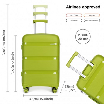Kono 20" Bright Green Hard Shell PP Carry-On Suitcase, Cabin Size
