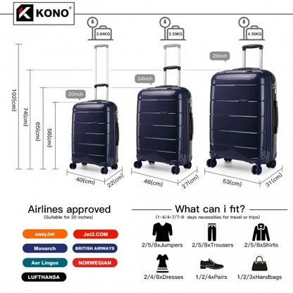 K1997L - KONO 20-24-28” HARD SHELL PP SUITCASE SET - NAVY
