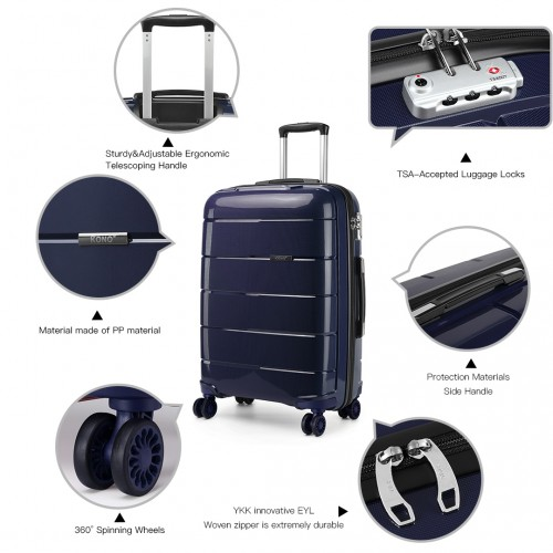 K1997L - KONO 20-24-28” HARD SHELL PP SUITCASE SET - NAVY