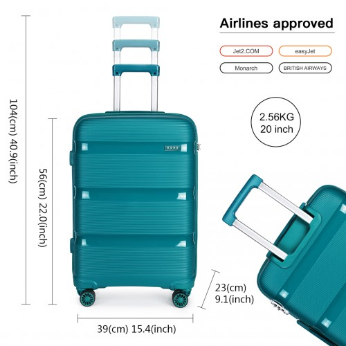 K2092L - Kono 20 Inch Bright Hard Shell PP Carry-On Suitcase In Cabin Size - Blue/Green