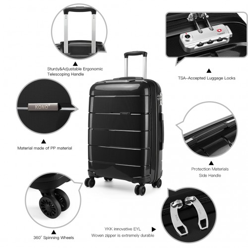 KONO 20 Inch Cabin Size Hard Shell PP Suitcase - Black | Premium Quality | TSA Accepted Lock | 360° Swivel Wheels