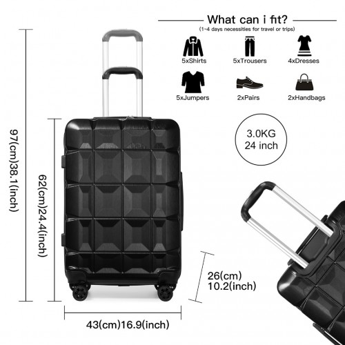 Kono 24 Inch Lightweight Hard Shell ABS Suitcase With TSA Lock - Black