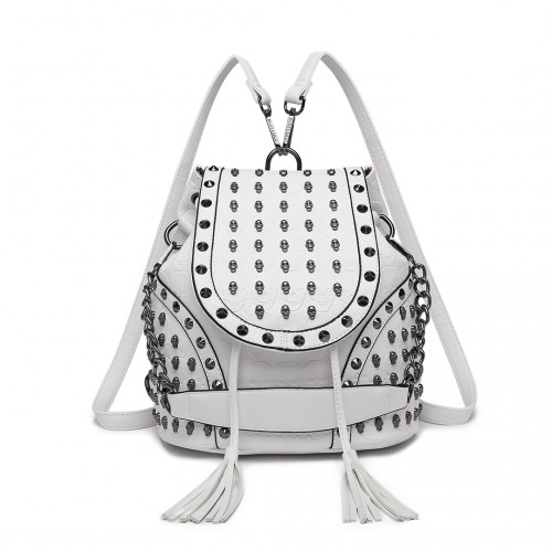 L1414 - Miss Lulu Skull Studded Backpack Shoulder Bag - Beige - Stylish & Versatile