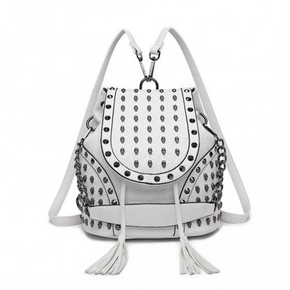 L1414 - Miss Lulu Skull Studded Backpack Shoulder Bag - Beige - Stylish & Versatile