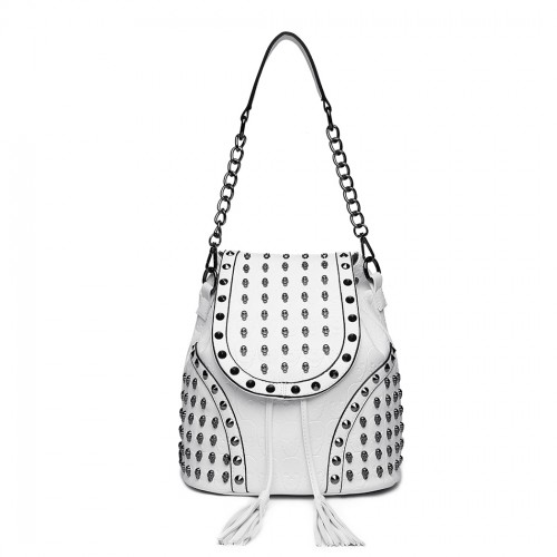 L1414 - Miss Lulu Skull Studded Backpack Shoulder Bag - Beige - Stylish & Versatile