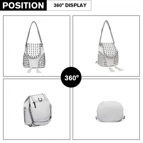 L1414 - Miss Lulu Skull Studded Backpack Shoulder Bag - Beige - Stylish & Versatile