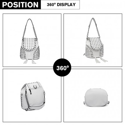 L1414 - Miss Lulu Skull Studded Backpack Shoulder Bag - Beige - Stylish & Versatile