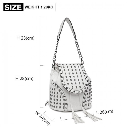 L1414 - Miss Lulu Skull Studded Backpack Shoulder Bag - Beige - Stylish & Versatile