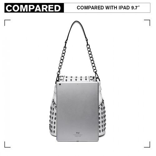 L1414 - Miss Lulu Skull Studded Backpack Shoulder Bag - Beige - Stylish & Versatile