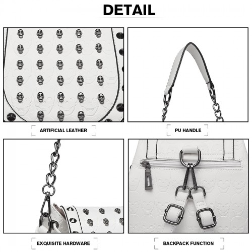 L1414 - Miss Lulu Skull Studded Backpack Shoulder Bag - Beige - Stylish & Versatile