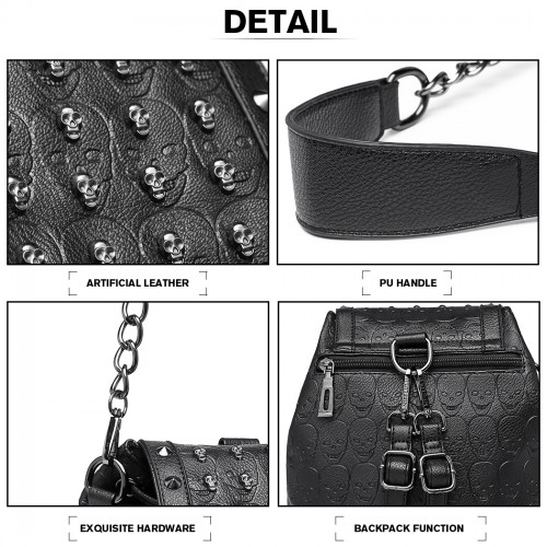 Miss Lulu Skull Studded Backpack Shoulder Bag - Black | Stylish & Versatile Accessory
